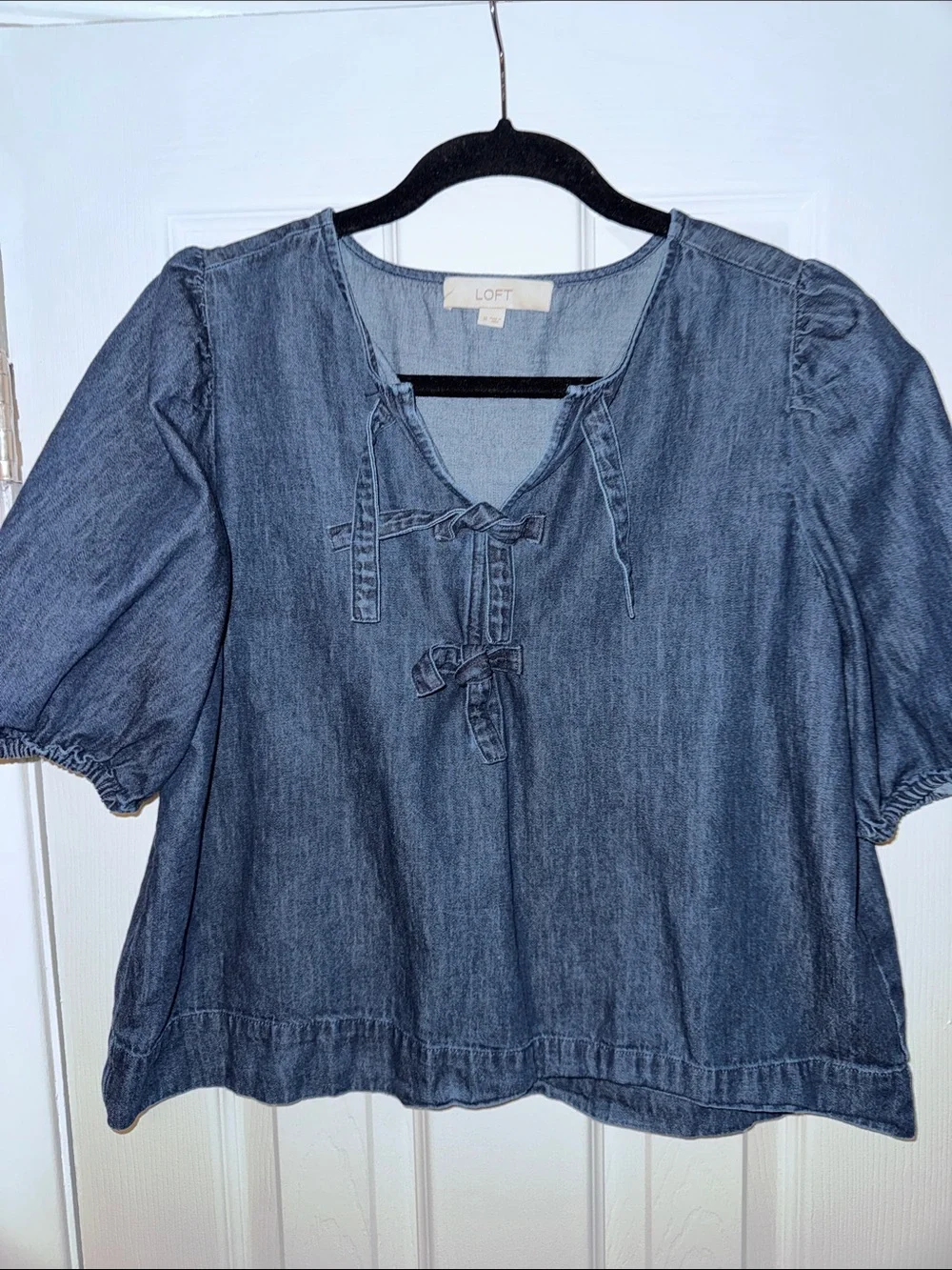 LOFT Indigo Denim Tie-Front Puff Sleeve Blouse